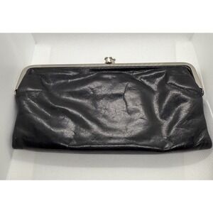 Hobo Original Lauren Clutch Wallet Kiss Lock Frame Black Leather Blue Interior